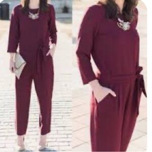 Madewell Women's Sloan Burgundy Belt 3/4 Sleeve Jumpsuit Sz 0 EUC